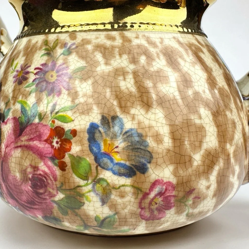 Arthur Wood Staffordshire England Teapot 3726 Gilt Gold Brown Sponge‎ Floral